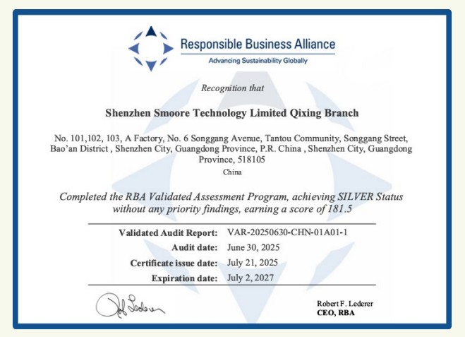 SMOORE_IR's tweet photo. 2025 was a landmark year for SMOORE’s responsible &amp; green manufacturing! 🌿 RBA Silver Status across 4 factories — covering strict standards in labor rights, environmental protection, workplace safety and business ethics. Onward to a greener future!

#SMOORE https://t.co/e6ftnjI9eQ