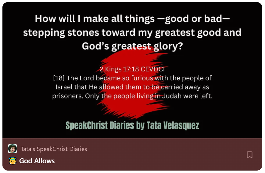 TataHwv's tweet photo. 👼 Your Scripture journal prompt to help you reflect on and live your RichLife in Christ today.
https://t.co/bMaepBcOJu https://t.co/7Rx5H0ZW32