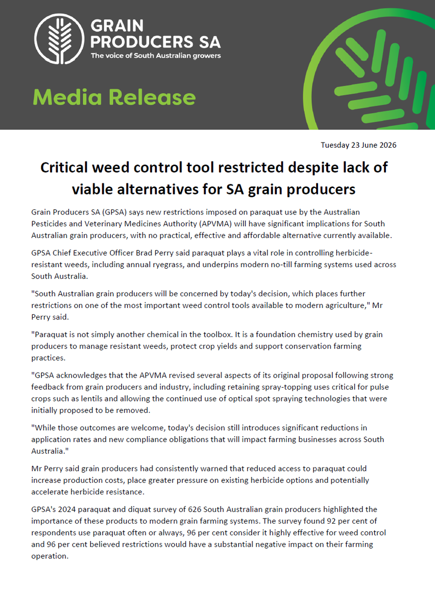GrainProducerSA's tweet photo. MEDIA RELEASE: Grain Producers SA says new restrictions imposed on paraquat use by the Australian Pesticides and Veterinary Medicines Authority (APVMA) will have significant implications for South Australian grain producers, with no practical, effective and affordable alternative currently available. Read our Media Release in full below: