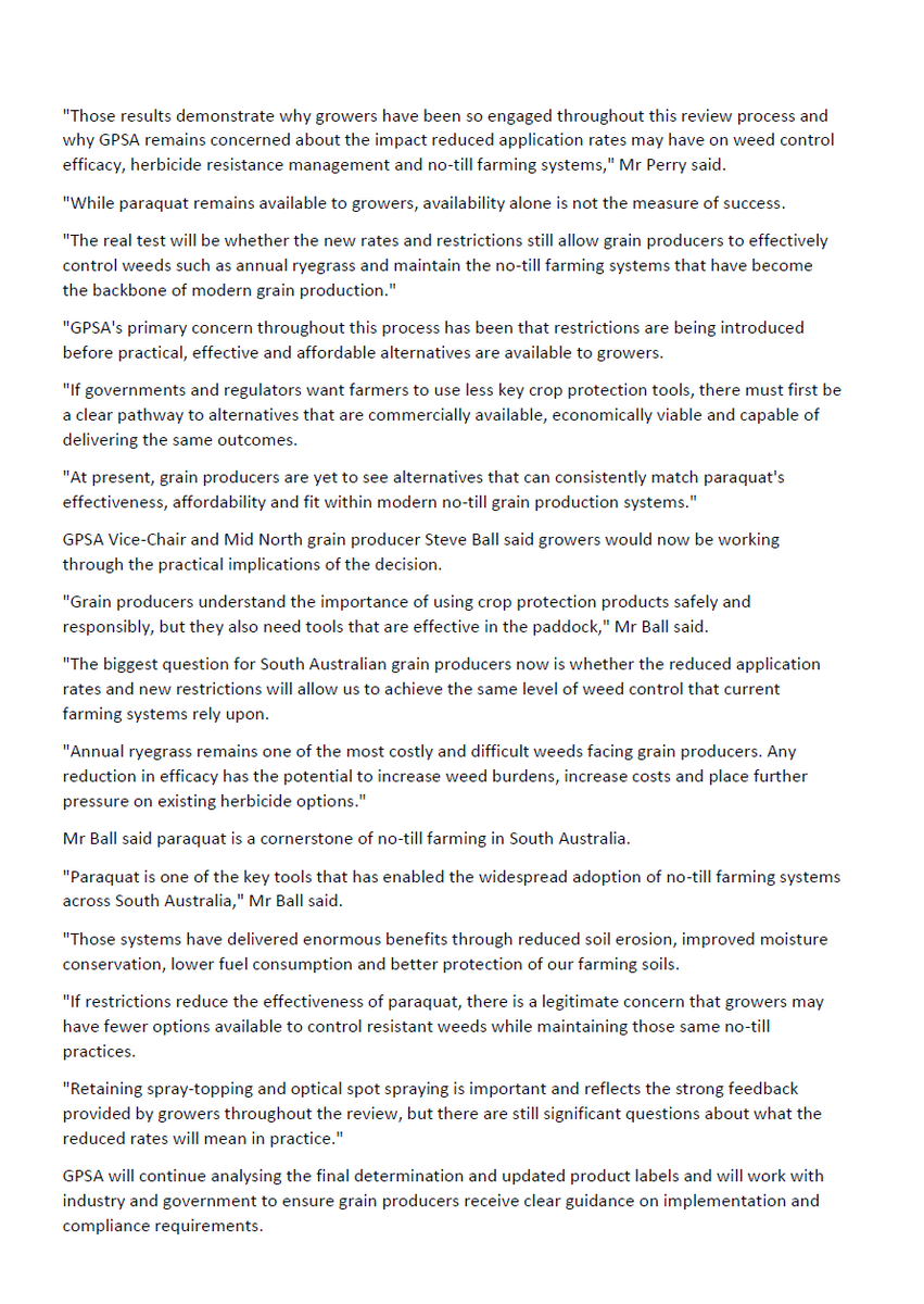 GrainProducerSA's tweet photo. MEDIA RELEASE: Grain Producers SA says new restrictions imposed on paraquat use by the Australian Pesticides and Veterinary Medicines Authority (APVMA) will have significant implications for South Australian grain producers, with no practical, effective and affordable alternative currently available. Read our Media Release in full below: