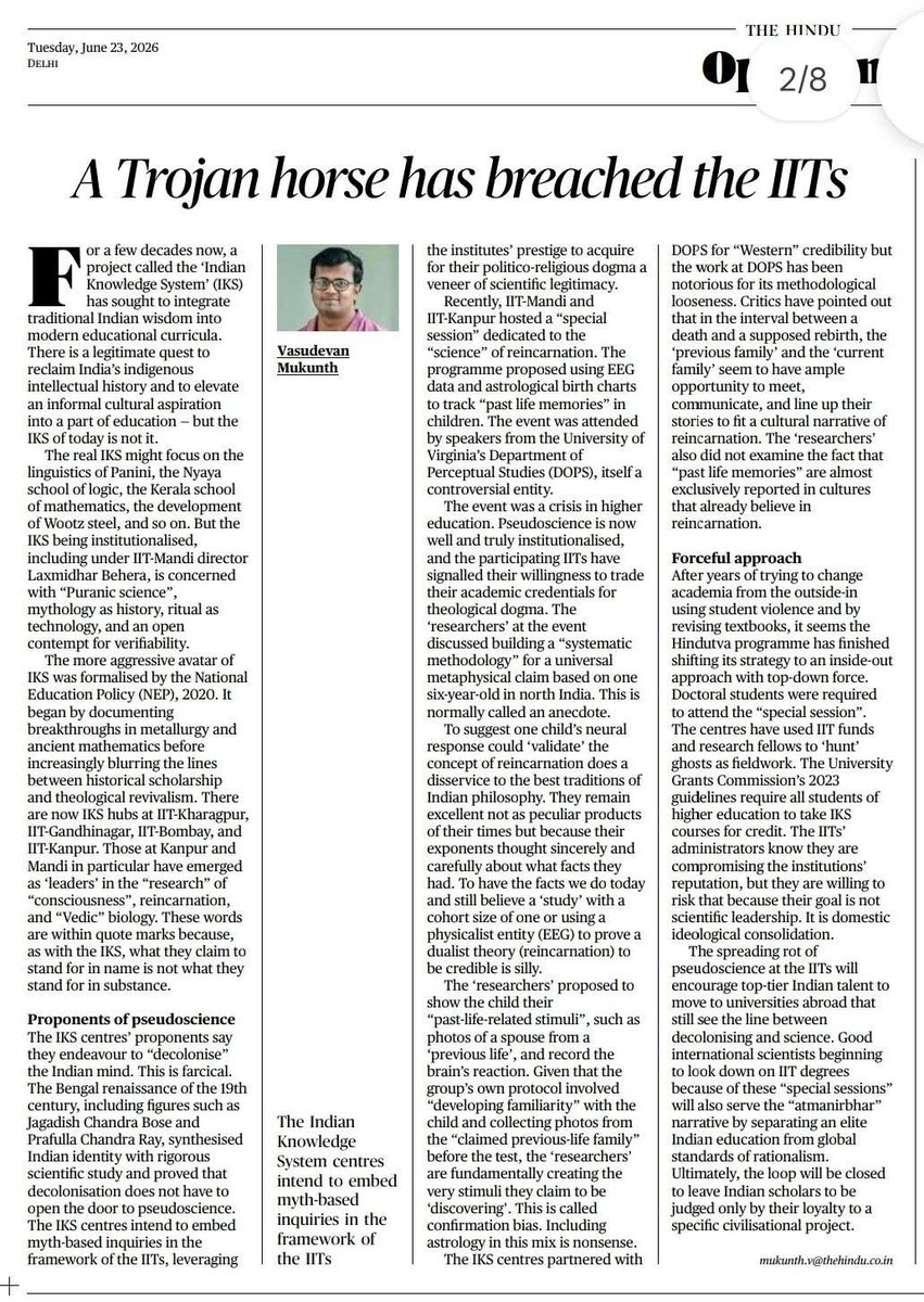AmalJos95950131's tweet photo. This is the nadir that our IITs have fallen into. As the article says good scientists will move out and IIT will lose respect internationally. https://t.co/mJqGojB6VJ