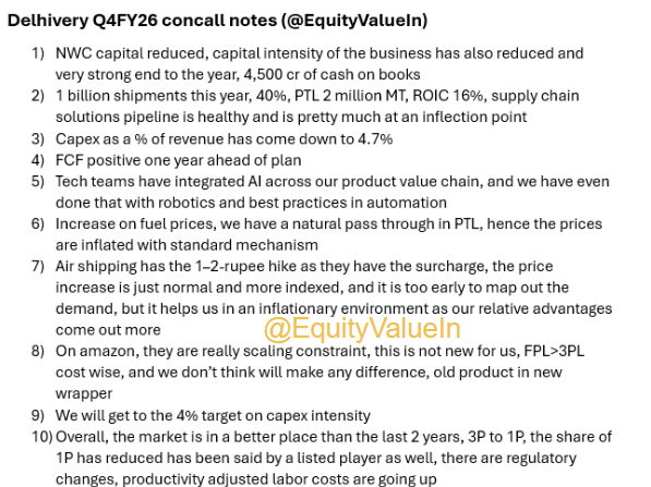 EquityValueIn's tweet photo. Delhivery value chain , mapping the business and also my recent quarter concall notes , one of the very focused managements out there 

disc: biased , so no reco , no advice https://t.co/WcZ2lG5qlm