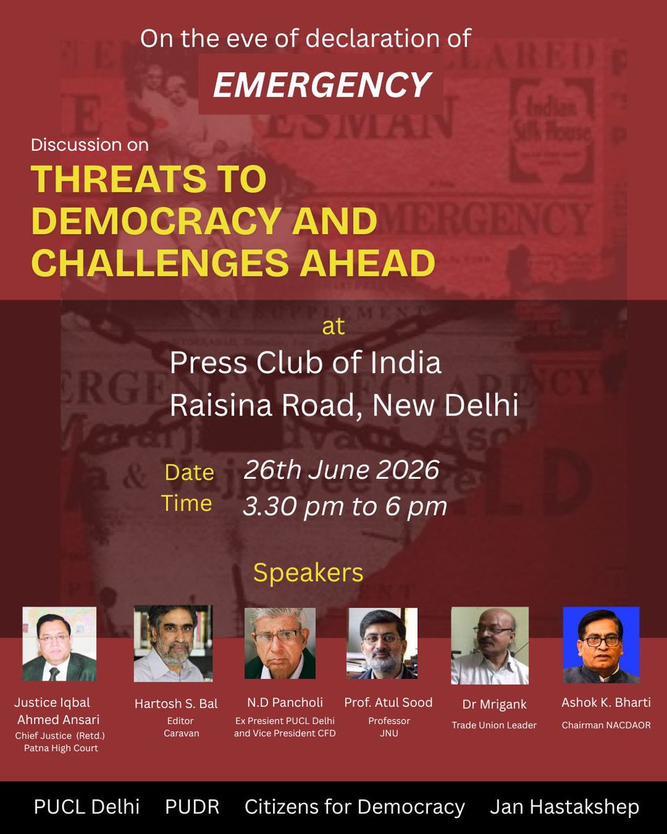PUDR_Delhi's tweet photo. Join the discussion on 26th June, at Press Club of India
#nationalemergency #democracy #civilrights https://t.co/pkjUjwiU6W
