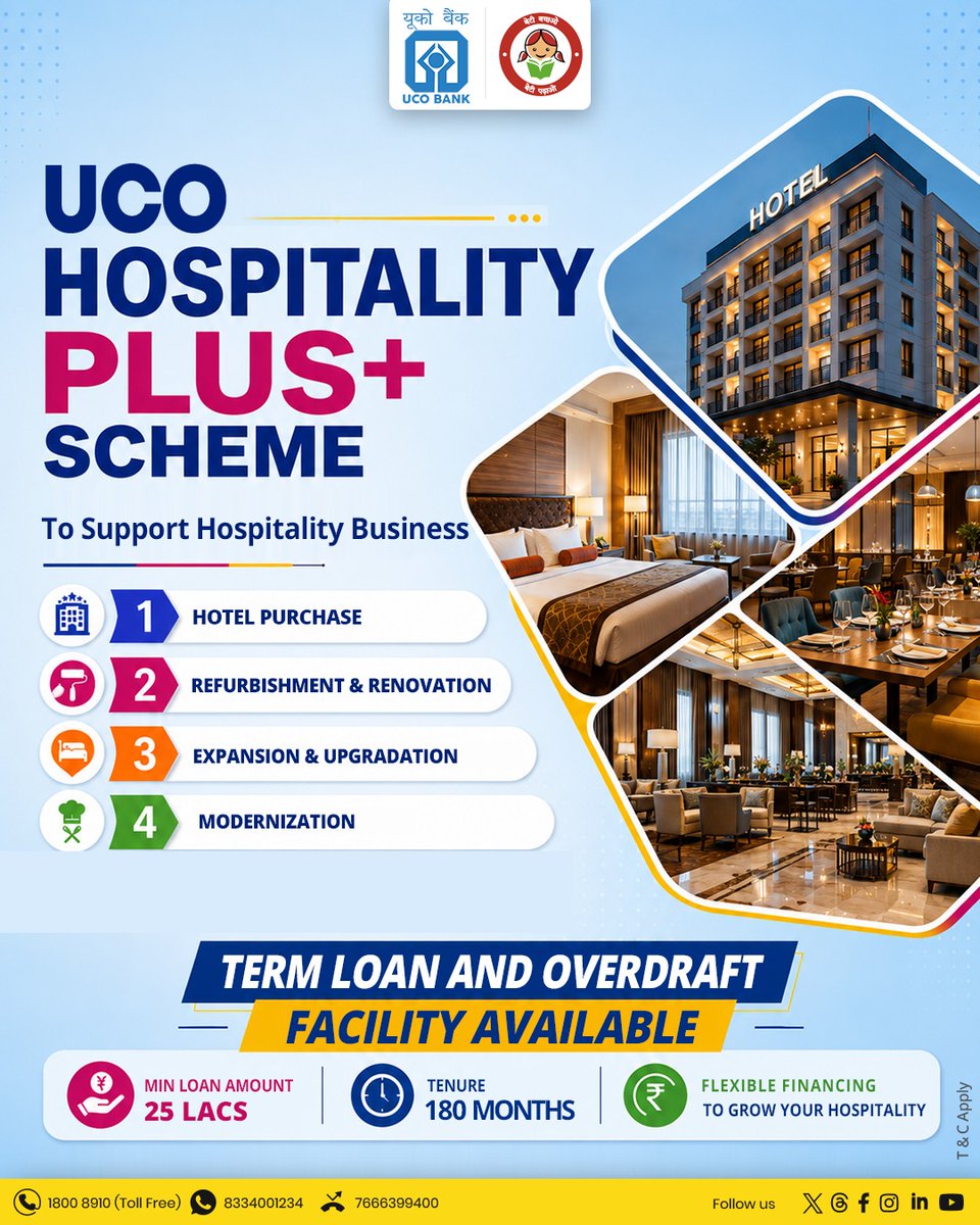 UCOBankOfficial's tweet photo. Turn your hospitality vision into reality with UCO Hospitality Plus+ Scheme. 🏨✨ https://t.co/hzPeZhbISf