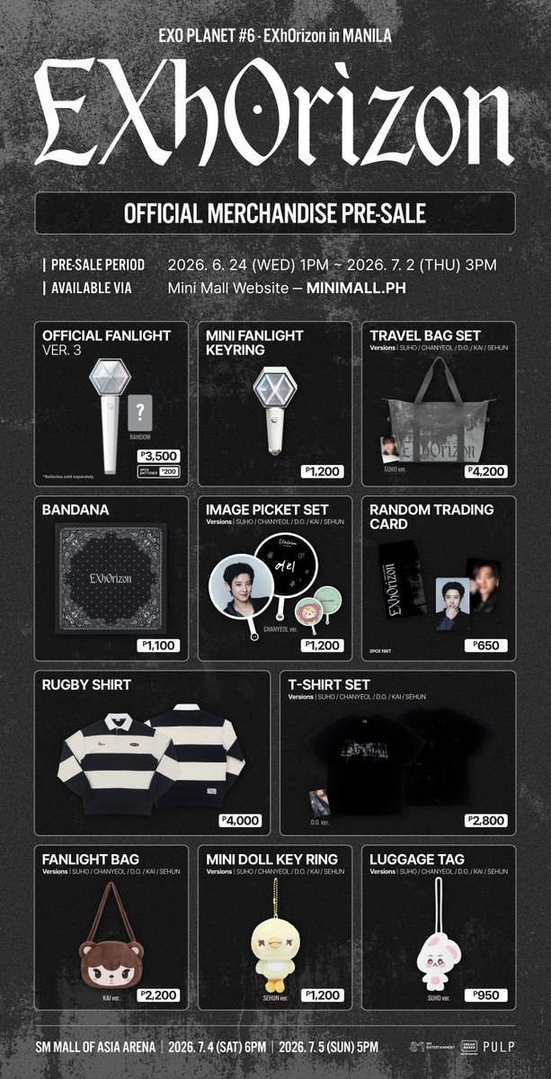 pulpliveworld's tweet photo. You may now choose what you want, EXO-L! 🛍

Here are the available official EXO PLANET #6 – EXhOrizon in MANILA merchandise! 🖤

Get ready to secure your picks as Pre-Orders open tomorrow:
📅 June 24, 2026 (1PM PHT) – July 2, 2026 (3PM PHT) via https://t.co/cjAnRC2XW7

#EXO #엑소 #weareoneEXO #EXOPLANET #EXhOrizon #EXhOrizoninMANILA @weareoneEXO