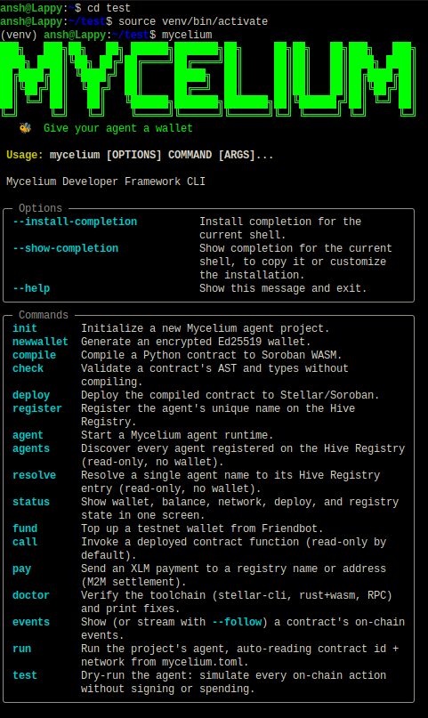 Myceliumstellar's tweet photo. Prefer working locally? The complete developer toolchain is officially live on pip.

Access our compiler, SDK, and coordination CLI locally to test, run, and manage your autonomous agents directly from your native terminal env.

📦 pip install mycelium-stellar https://t.co/bdPrkwFgVa