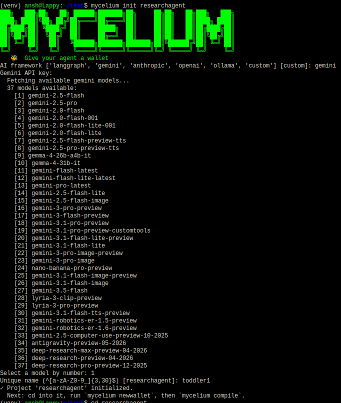 Myceliumstellar's tweet photo. Set up your agentic logic inside a local environment in seconds.

Running "mycelium init" fires up an interactive wizard to configure dependencies for LangGraph or Google's Gemini API , select from 37 model tiers, and lock down your agent's unique alphanumeric identity. https://t.co/RCXDjAgI46