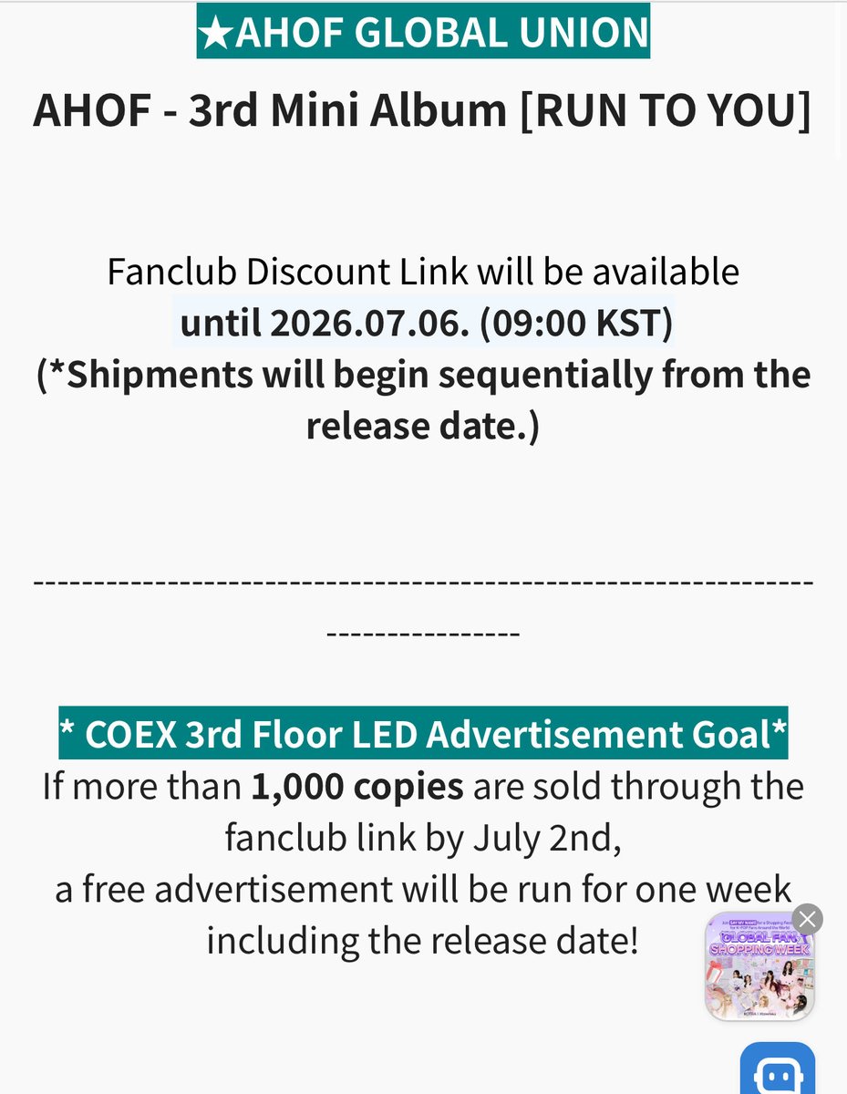 JLGaspar_AM's tweet photo. ★AHOF GLOBAL UNION
#Ktown4u (@Ktown4u_com) X @JLGaspar_AM 

🩵 AHOF - 3rd Mini Album [RUN TO YOU] is now OPEN !

✔️ You can order the "RUN TO YOU" album through FC LINK and get a 38~40% discount - until 2026.07.06 (09:00KST)!

📽️If more than 1,000 copies are sold through the fanclub link by July 2nd,
a free advertisement will be run for one week including the release date!

🛒 Fanclub Discount Link
🔗(https://t.co/99NqfnIJ9g)

#AHOF #아홉 #JL #제이엘
