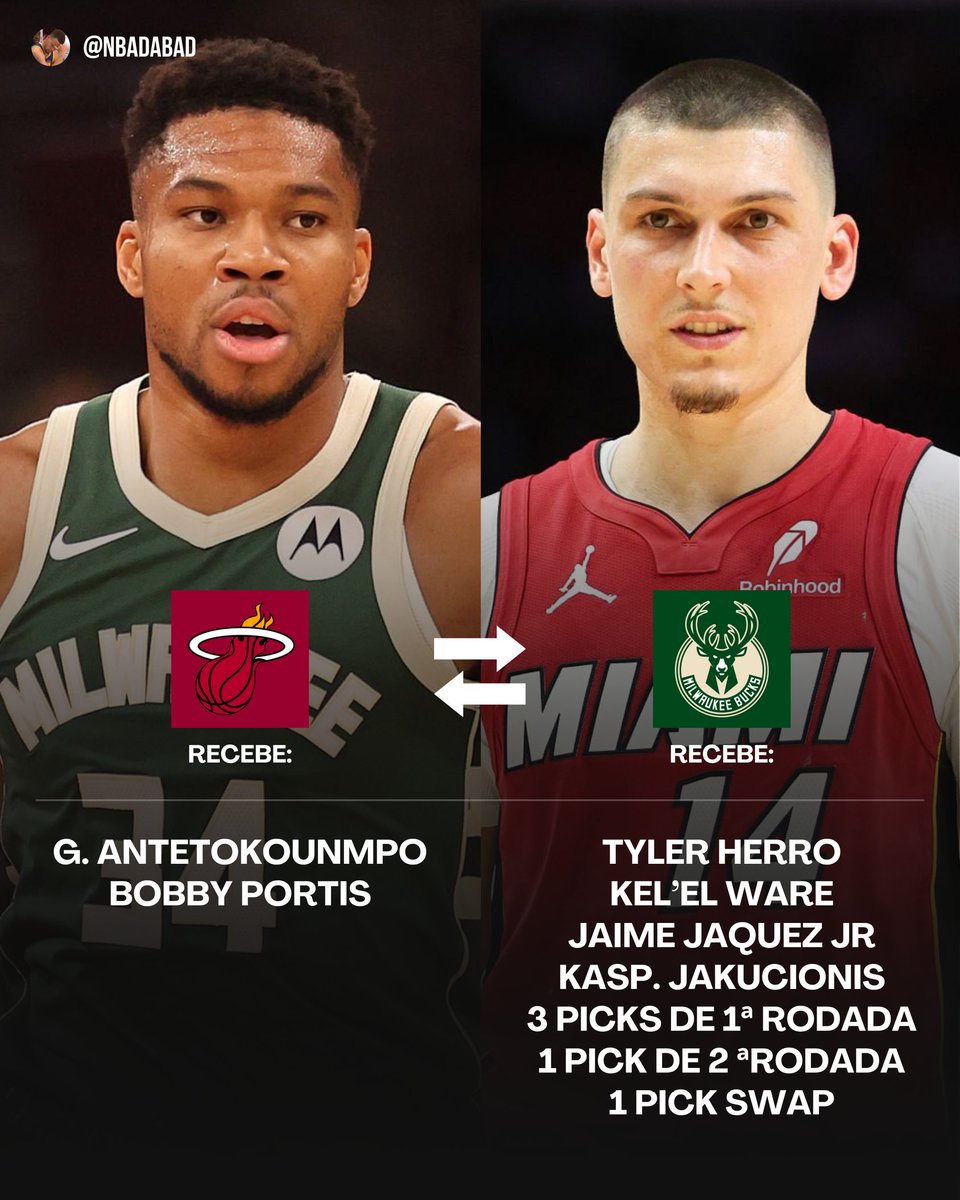 NBAdabad's tweet photo. 🚨 A TROCA COMPLETA:

🔴 HEAT RECEBE:

- GIANNIS ANTETOKOUNMPO
- BOBBY PORTIS

🟢 BUCKS RECEBE:

- TYLER HERRO
- KEL'EL WARE
- JAIME JAQUEZ JR
- KASPARAS JAKUCIONIS
- PICK 13 DO DRAFT
- 2 PICKS DE 1ª RODADA SEM PROTEÇÃO
- 1 PICK DE 2ª RODADA
- 1 PICK SWAP

UAU!!! 🤯 https://t.co/pc1rJexVK7