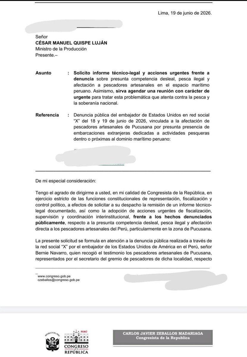 AlonsoRamosG's tweet photo. El pleito entre USA y China sigue. Congresista Carlos Zeballos pide explicaciones al ministro de la Producción, César Quispe, sobre denuncia de embajador de Estados Unidos, Bernie  Navarro, según la cual barcos chinos pescan dentro de 200  millas, afectando a pescadores peruanos. https://t.co/NyczGQAc0l