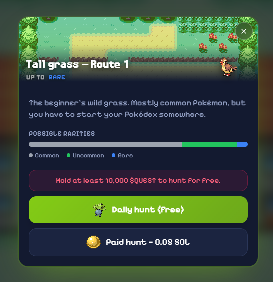 PokeQuestSOL's tweet photo. This has now been added.

10,000 solana:Et3nNiuGyhQxwVW3W8pLTvsMXcSKiyogHrNjdr4wpoke held is required in order to be eligible for the daily free hunt. https://t.co/8n6xrbggCB