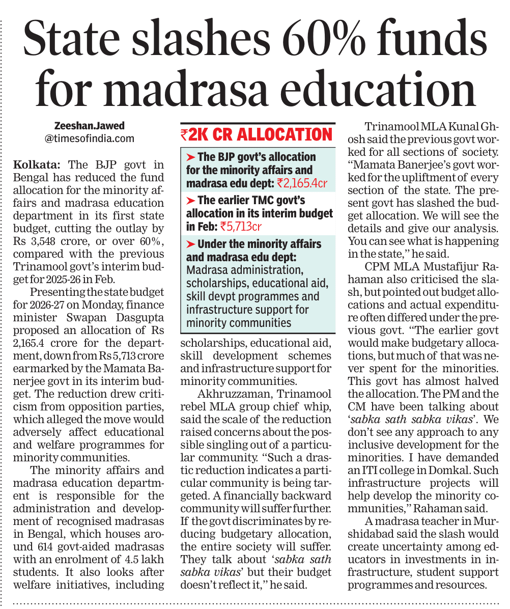 prasannavishy's tweet photo. Very good move.

West Bengal sharply reduces funding for the Minority Affairs and Madrasa Education Department. Looks at the astronomical budgets to fund what in essence is essentially a sectarian indoctrination.

Sooner than later, we should give up on 'madrassa modernisation' myth and only aim of state education system should be towards strengthening a common public school system.

A stronger state school system that delivers quality education to all or more ideally school choice vouchers to allow parents to pick public/private school is ultimately the only  sustainable path than expanding dependence on bigoted  structures that is unfair to millions of kids