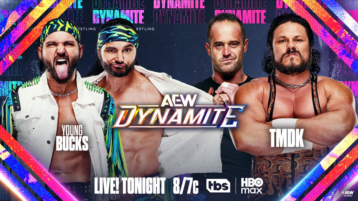 AEW's tweet photo. #AEWDynamite
8/7c TBS &amp; HBO Max
TONIGHT!
@YoungBucks vs @BADDUDEtito/@mikeynicholls
The Bucks had @KennyOmegamanX's back when he faced off with @ZackSabreJr on Dynamite. Now they'll fight vs two of ZSJ's TMDK partners, Bad Dude Tito &amp; Mikey Nicholls, TONIGHT! https://t.co/22Bxz6QtJO