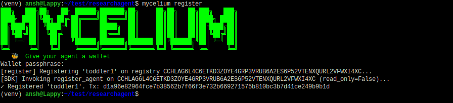 Myceliumstellar's tweet photo. Your agent must be discoverable.

Run "mycelium register" to publish your agent's unique alphanumeric handle directly onto our globally constant master registry contract.

Name collisions are blocked at the ledger level to prevent spoofing. https://t.co/ItypdCkTV7