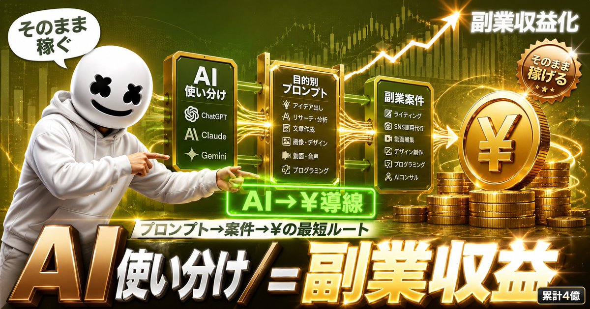 Maruo_0314's tweet photo. ChatGPTもClaudeもGeminiも、結局どれをどう使えばいいか迷ってる人向けの「AI使い分け完全ガイド」、ついに完成しました‼️

累計4億売ってきた俺が、作業ごとに最適なAIと目的別プロンプトを全部1つにまとめました。

これさえ見れば、調べ物・文章・画像・副業まで、どのAIに何を頼めばいいか一発でわかる。

・3大AIの得意分野と使い分けの早見表
・目的別のコピペプロンプト集
・作業を10倍速にする具体手順
・そのまま副業の収益につなげる導線

濃すぎるので近いうちに消します。ほしい人はいいね＋リプで好きな絵文字を送ってください‼️

いいね+リプしてくれた人に配布します