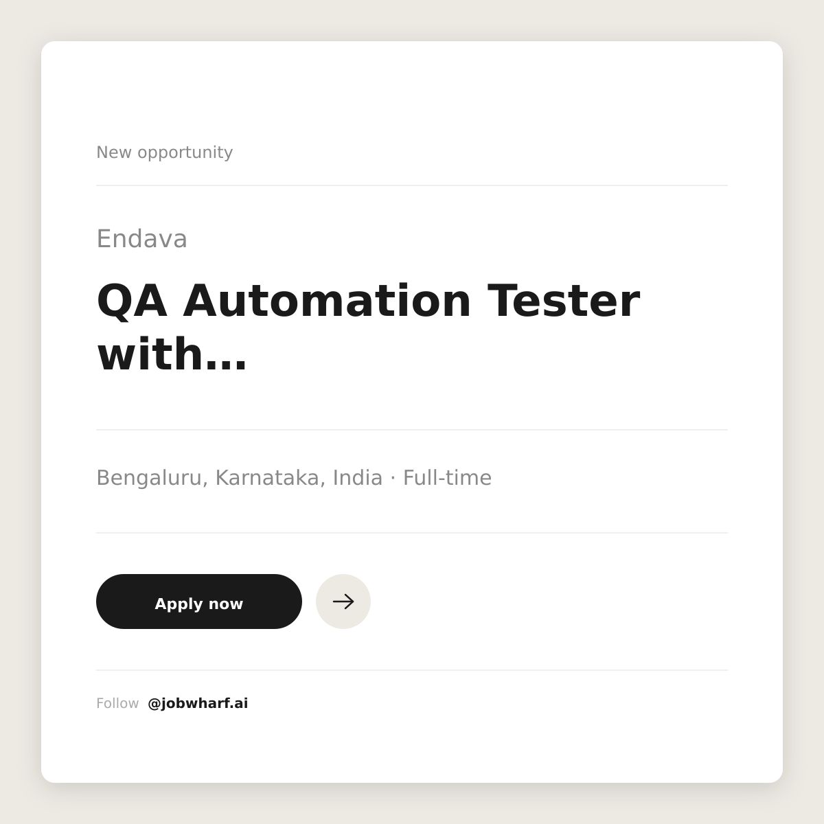 jobwharf's tweet photo. Hiring now: QA Automation Tester with Playwright
Apply ➜ https://t.co/NdT726TVIg
Endava
📍 Bengaluru, Karnataka, India
💰 Salary negotiable
#automationtester #endavajobs #fulltime #hiring #jobsearch https://t.co/Ig6PPYGtND