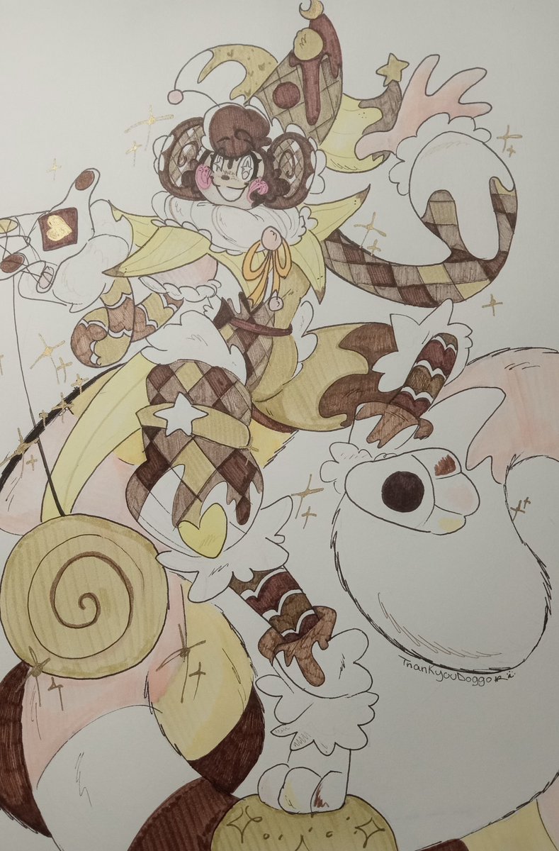 ThankyouDoggo's tweet photo. 🐒🍌🍨
"Ill share this love I find with Everyone! Come on and play!"
Macchiato (Mocha) the Neopolitan Ice cream Monkey, friend to Fantastia and part of the Everafter Circus in #KindersFantasticFreakshow being that of the Harlequin Juggler.
#FindingFrankieOC #OC #MonkeyOC https://t.co/8BsGUhCkU8