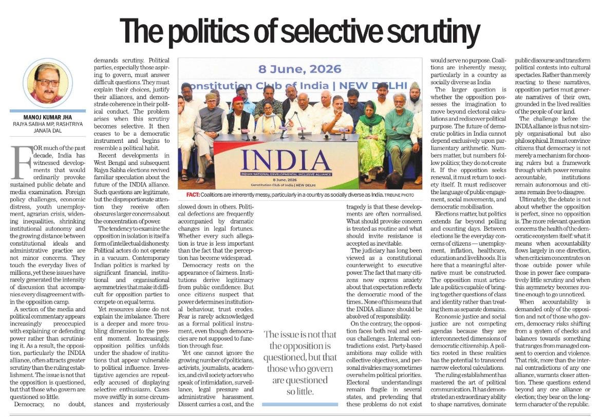 SushantSin's tweet photo. Must read by @manojkjhadu: Over the last few years, one notices a curious inversion. The opposition has often been subjected to greater scrutiny than the ruling establishment... The issue is not that the opposition is questioned, but that those who govern are questioned so little https://t.co/e3VOq9owS3