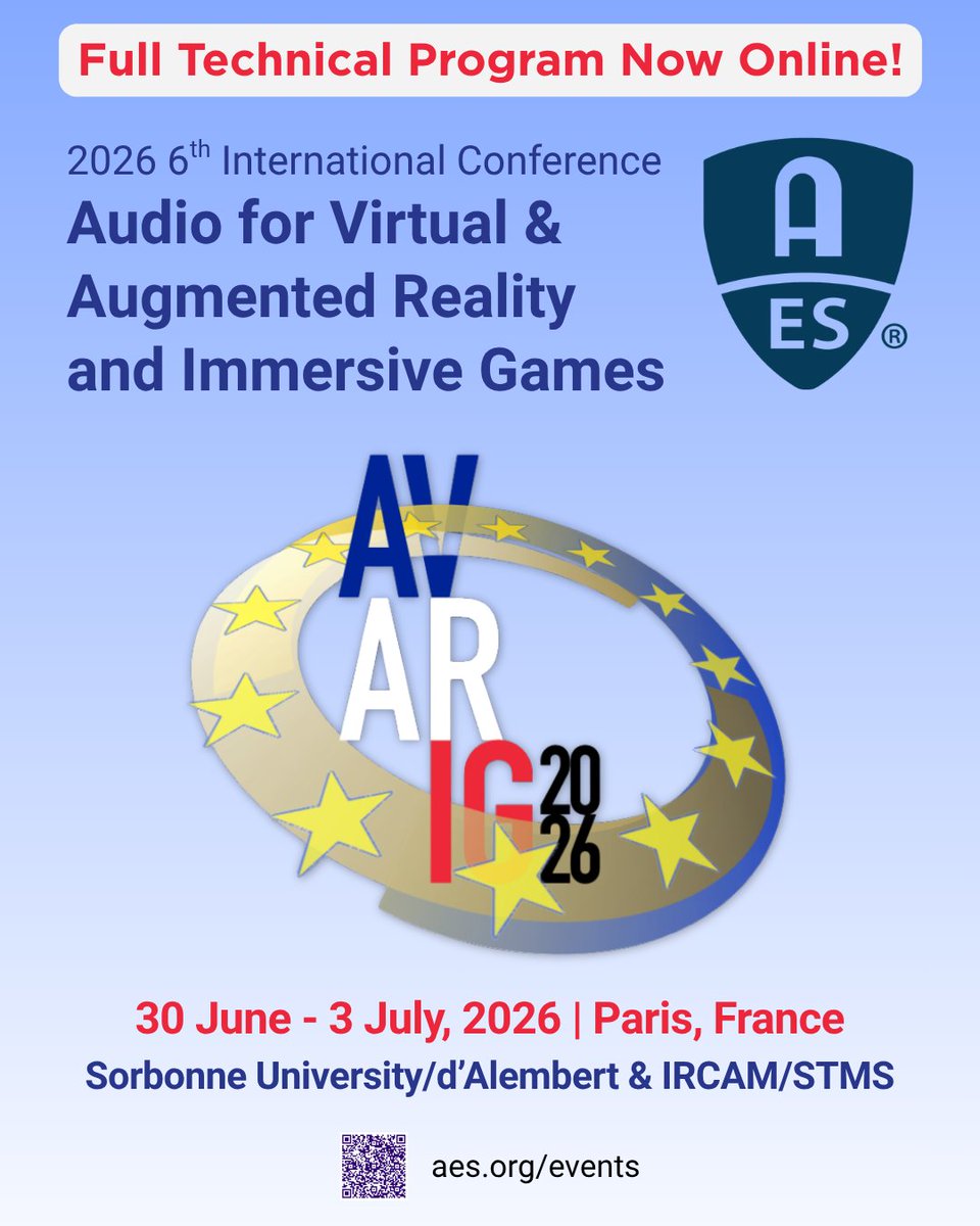 AESorg's tweet photo. Just 1 week until AES #AVARIG2026! 🎧🎮
Join researchers, developers, and creators in Paris, June 30–July 3, for four days of #ImmersiveAudio, XR, #SpatialAudio, game audio, AI for sound, and more.
Program & registration: https://t.co/8hKVypzxt1
#XRAudio #AESorg #GameAudio https://t.co/41m4MY6Cgz