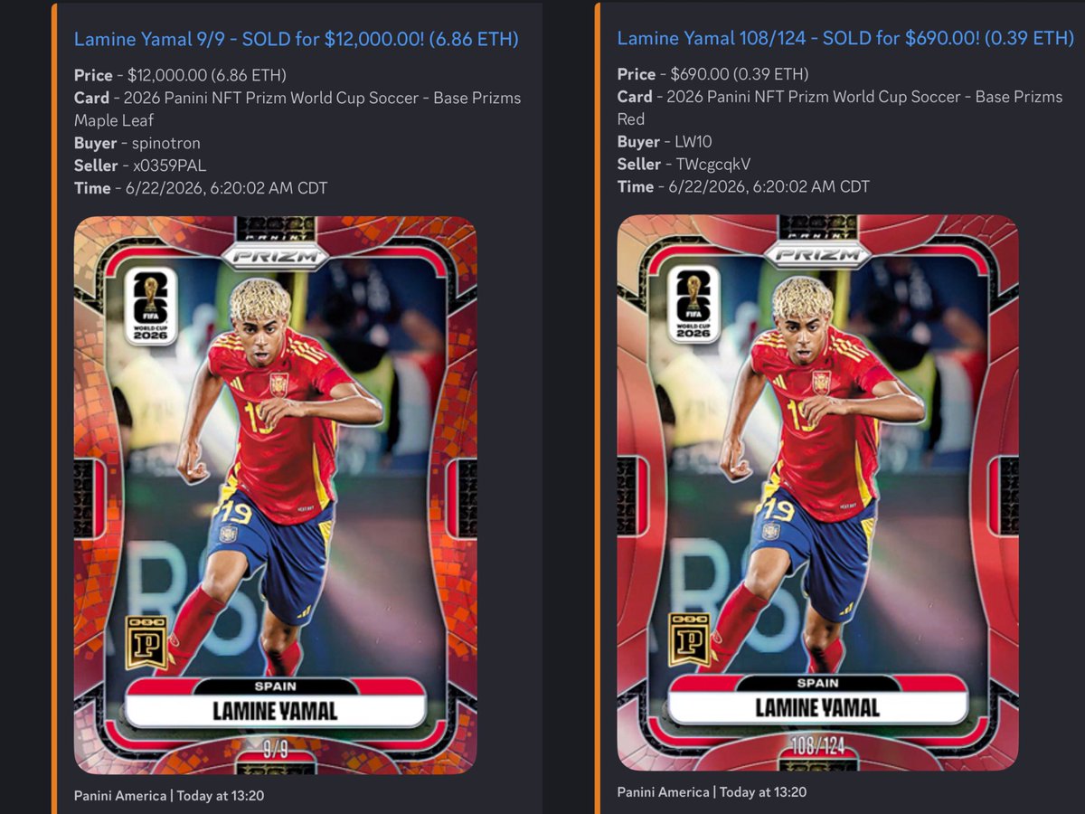 spinotron's tweet photo. Explain to non-card collecting friends why both look almost the same and colormatch, but 17x difference in price (ignoring the fact that spino might have surgically overpaid, LOL).

#BlockbyBlock #whodoyoucollect #PaniniBlockchain #PBC #sportscard #NFT #PFP #DigitalArt #DigitalAsset