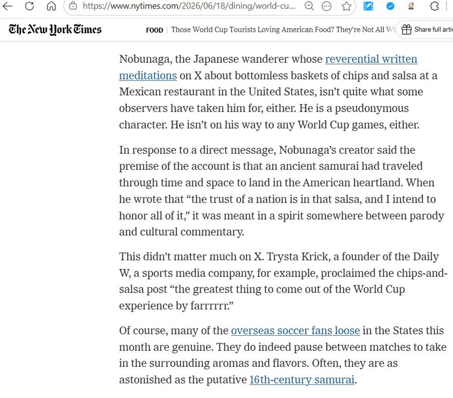 japan_nobunaga's tweet photo. I wrote about free chips and salsa.

The samurai wandered too far.

Now he's in The New York Times.

https://t.co/UOT0FbmxDx https://t.co/dzKaDGD1J6