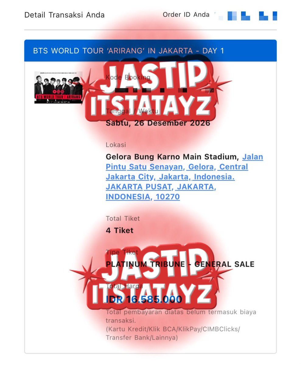 itstatayz's tweet photo. WTS BTS ARIRANG IN JAKARTA

- Day1 Platinum Tribun (gensel) 1tix
- Price 5,2jt
- fullpayment
- masuk grup jastip
- proof tix berupa ss (order id + barcode blur) e vouchernya tidak bisa aku fwd karena berbarengan dengan yang lain
- kalo ragu, skip aja yaa https://t.co/y05FnHG5F2