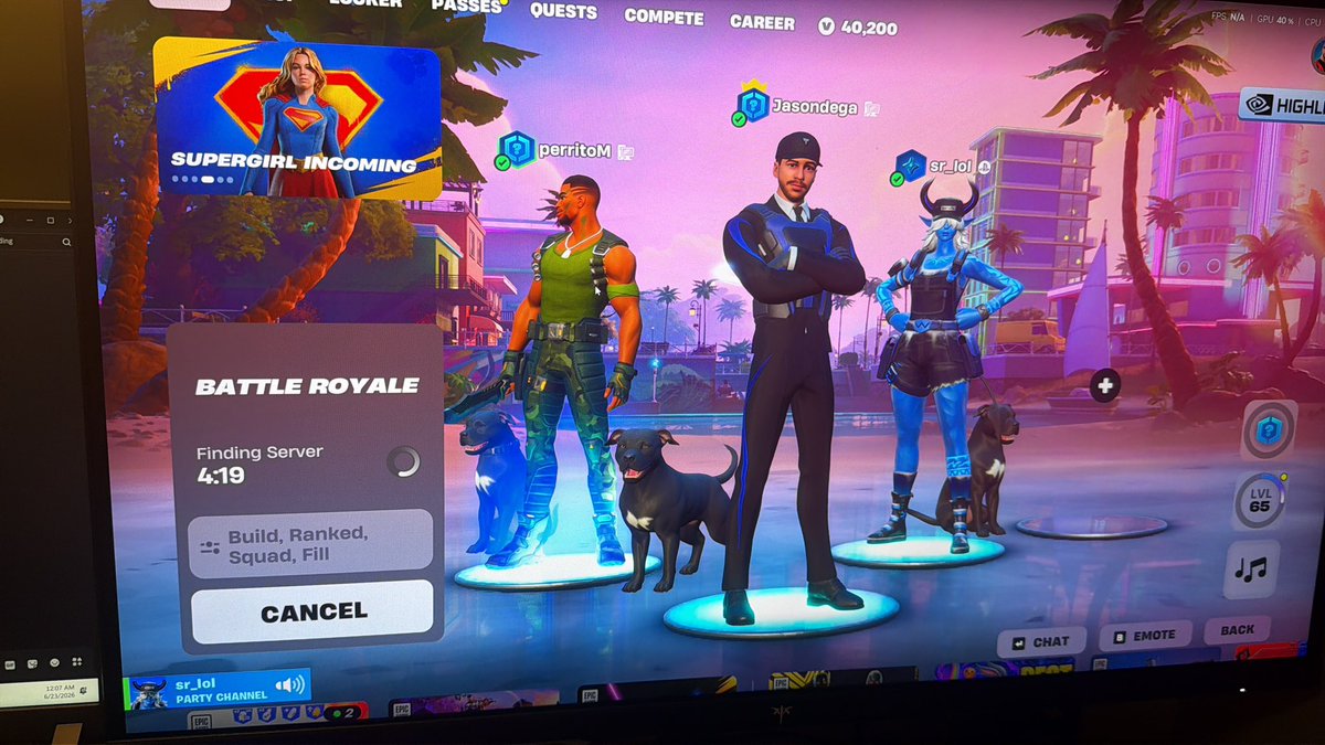 jasondega's tweet photo. @FortniteStatus staring matched is terrible!  We’re only averaging a match every half hour with multiple delays and aparent server errors. https://t.co/xigEs6eSiq