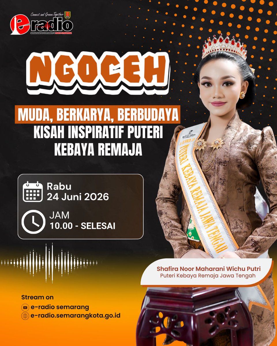 e_radiosemarang's tweet photo. Kita akan mengupas perjalanan, prestasi, advokasi, serta inspirasi yang bisa memotivasi generasi muda untuk berani berkarya, berprestasi, dan tetap bangga terhadap budaya bangsa.

Stream on : 
📺 YouTube : e-Radio Semarang
#eradiosemarang #radiopemkot #putrikebayaremajajawatengah https://t.co/E2hh7tKH3k