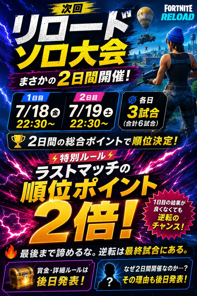 FortniteChb9s0's tweet photo. 🏆リロード大会開催決定🏆

📅7/18・7/19 22:30～
🎮各日3試合

⚡ラストマッチは順位ポイント2倍⚡

最後まで諦めるな。
逆転は最終試合にある。🔥

詳細は後日発表👀

参加希望の方はこちら👇️
https://t.co/kYVBqgC7Ch

#Fortnite #フォートナイト #リロード大会 #賞金付き大会 https://t.co/rcJMHxLhHi