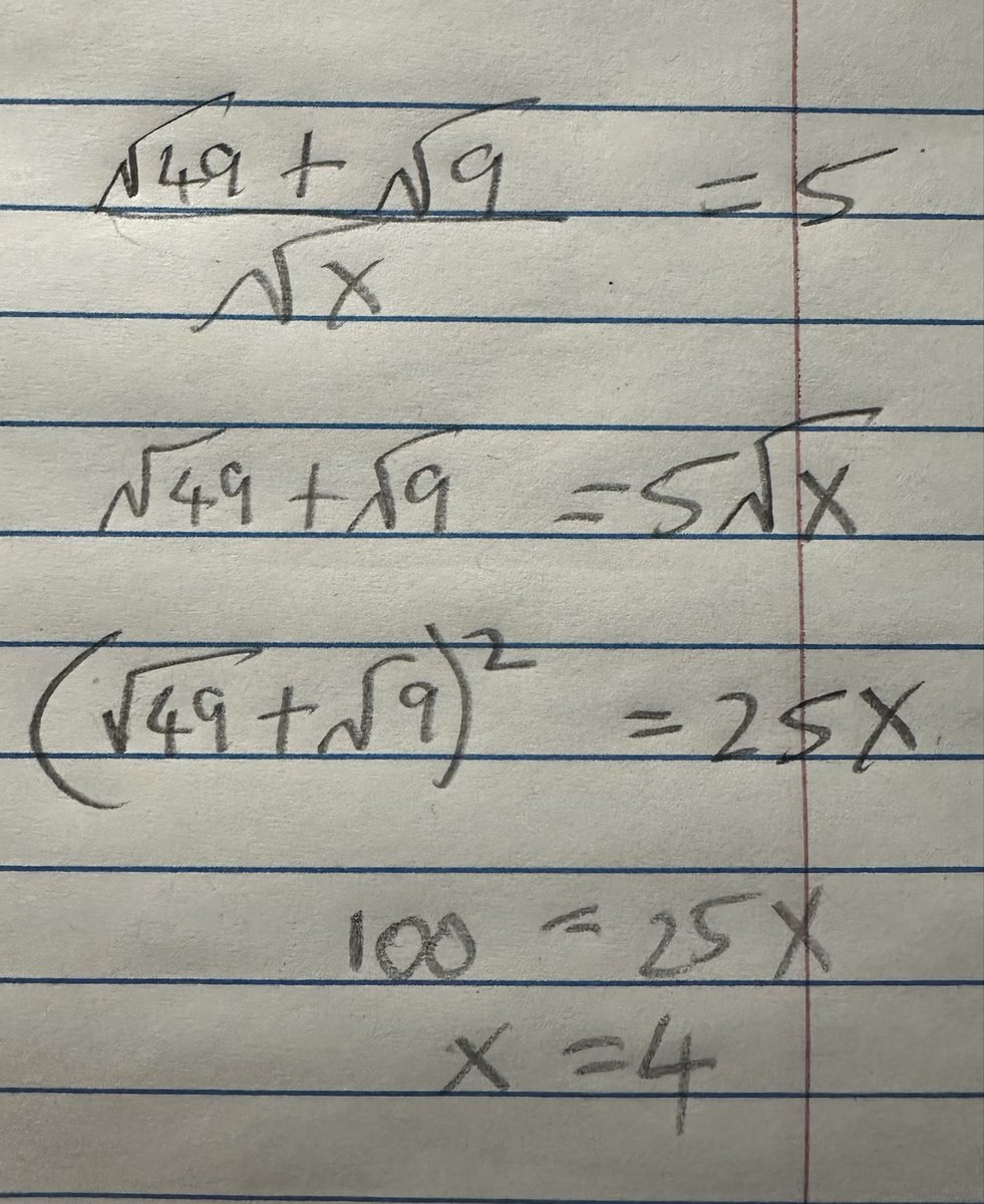 TangoDeltaQ's tweet photo. @onlyskypace X = 4 (using only the positive roots of the square root terms on line 3. There’d be multiple and were if both positive and negative roots were used). https://t.co/VNWdd8iyy1