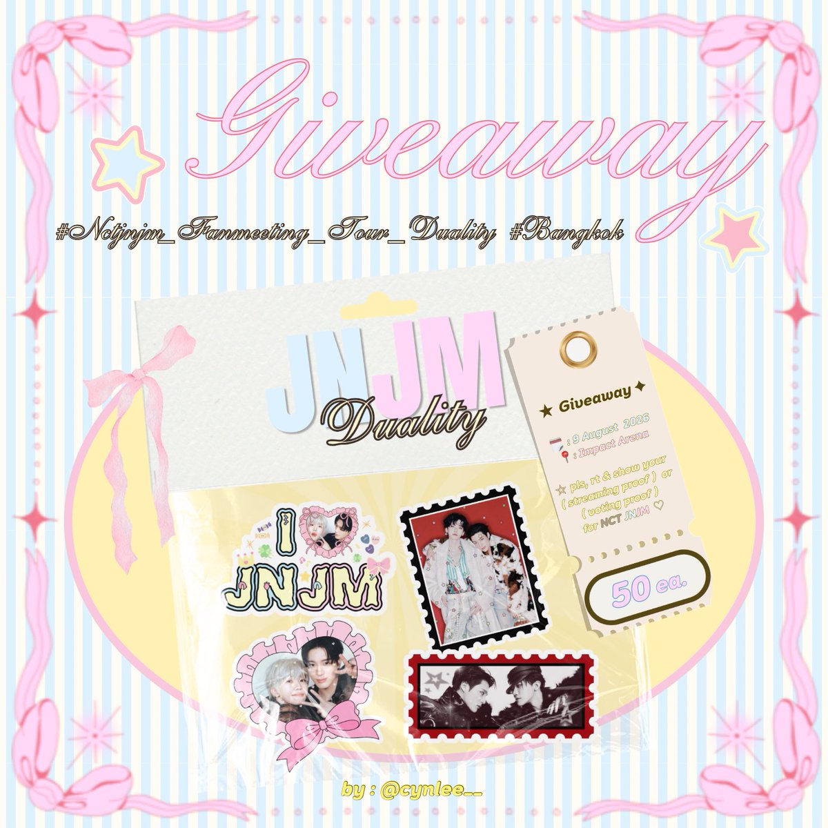cynlee__'s tweet photo. ꔛ ᴘʟꜱ, ᴋɪɴᴅʟʏ ʀᴛ. 𓂃⋆◟

☆★ ɢɪᴠᴇᴀᴡᴀʏ , ꜰʀᴇᴇʙɪᴇꜱ — ᴅᴜᴀʟɪᴛʏ ɪɴ ʙᴋᴋ.  יִ*﹆

✦ ꜱᴛɪᴄᴋᴇʀ — 50 ᴇᴀ. 

📍 : ɪᴍᴘᴀᴄᴛ ᴀʀᴇɴᴀ
🗓️ : 9 ᴀᴜɢ 2026
⏰ : ᴛʙᴀ

♡  ʀᴛ ᴛʜɪꜱ ᴘᴏꜱᴛ 🔁🩵
♡  ꜱʜᴏᴡ ʏᴏᴜʀ ꜱᴛʀᴇᴀᴍɪɴɢ ᴏʀ ᴠᴏᴛɪɴɢ ᴘʀᴏᴏꜰ ꜰᴏʀ ᴊɴᴊᴍ 📥🩷

#NCTJNJM_DUALITY
#NCTJNJM_FANMEETING_TOUR
#NCTJNJM_FANMEETING_TOUR_DUALITY in BKK ☆★