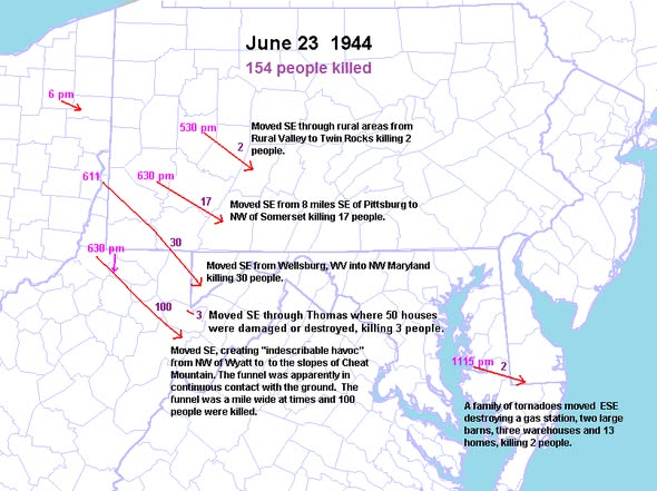 NWSStateCollege's tweet photo. Today in 1944, a historic and deadly weather event known as the 1944 Appalachians tornado outbreak struck PA, WV, &amp; MD. It produced one of the deadliest tornadoes in #PAwx history, a violent F4 storm that swept through Greene, Washington, and Fayette counties. @NWSPittsburgh https://t.co/NhXVbQG3Z6