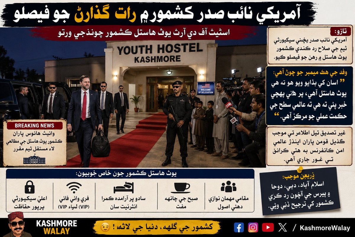 KashmoreWalay's tweet photo. وائيٽ هائوس پاران ڪشمور يوٿ هاسٽل جي مطالعي لاءِ مستقل ٽيم مقرر
آمريڪي نائب صدر پنهنجي سيڪيورٽي ٽيم جي صلاح رد ڪندي ڪشمور يوٿ هاسٽل ۾ رهڻ جو فيصلو ڪيو. https://t.co/tCyE84HdCA