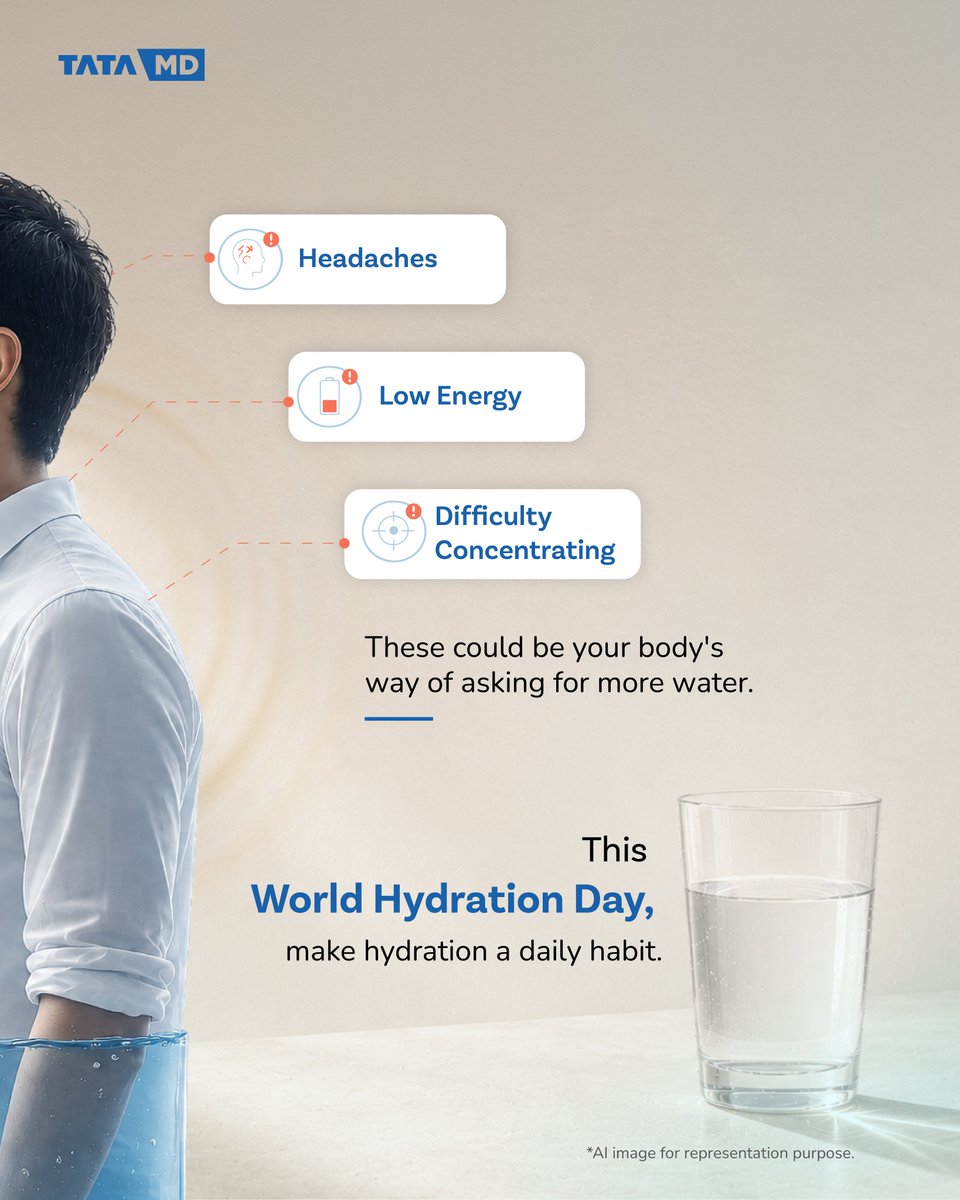 _Tata_MD_'s tweet photo. Most people wait until they're thirsty.

Your body often sends other signals first.

Headaches.
Low energy.
Difficulty concentrating.

#WorldHydrationDay #Hydration #TataMD https://t.co/Wf8CJ9xi1z