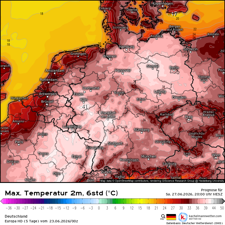 Kachelmannwettr's tweet photo. Die ersten beiden Frühmodelle heute sehen am Samstag 40 bis 41 im Westen, speziell am Rhein. Jedenfalls wird von West nach Ost von Freitag bis Sonntag ein extremer Peak der #Hitze erwartet.

Zu den Karten:
https://t.co/kPPZlxE67o
/FR https://t.co/LHDrmfHbB8