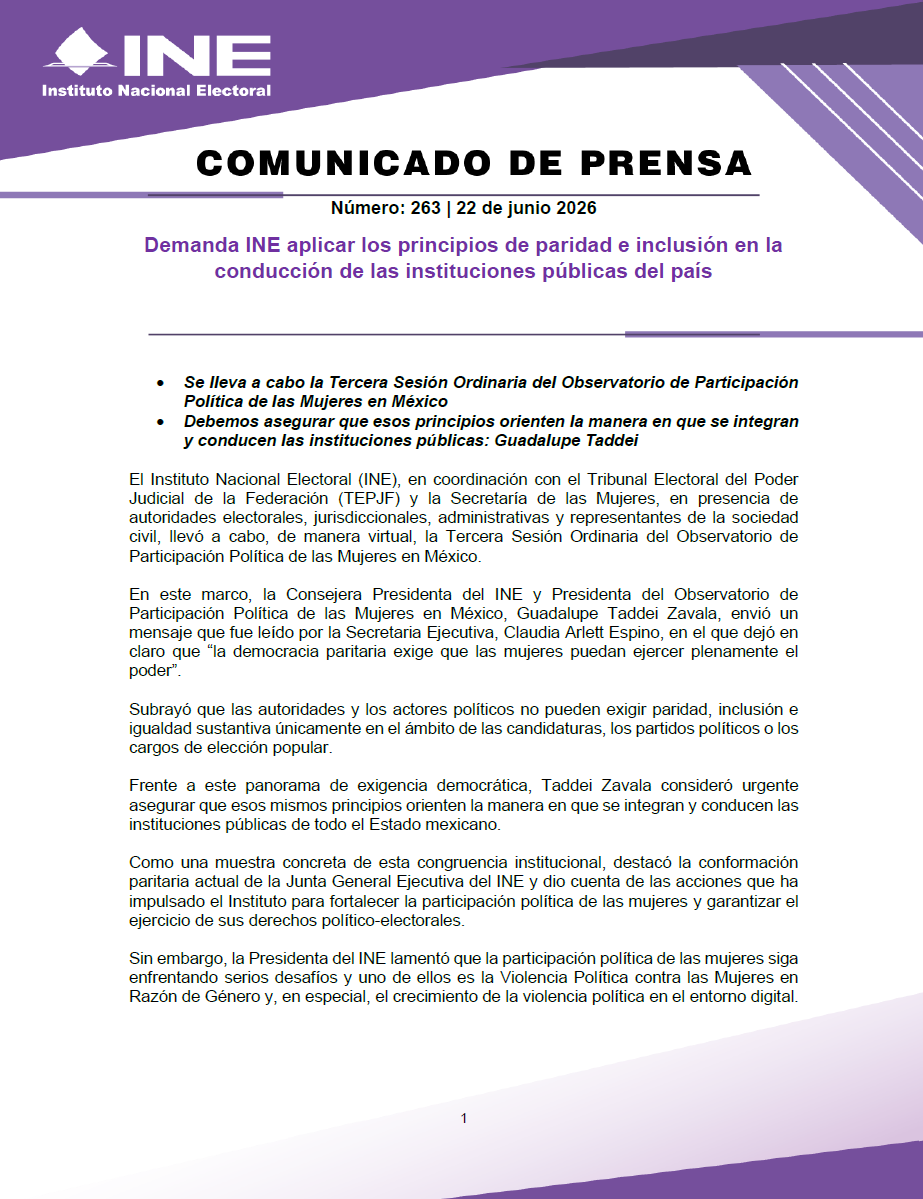 INEMexico's tweet photo. #BoletínINE 📄| Demanda INE aplicar los principios de paridad e inclusión en la conducción de las instituciones públicas del país🇲🇽

🔗 Más información aquí: https://t.co/G8ASsXnDCw https://t.co/Pqk0h3aKaE