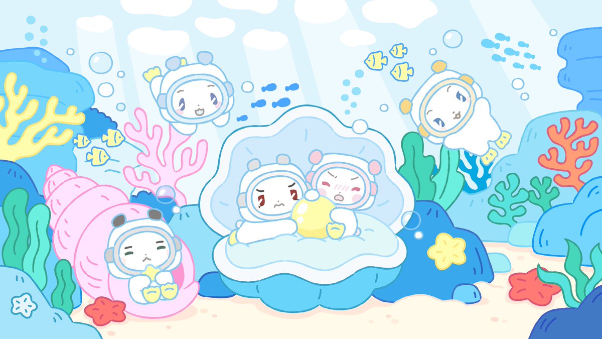 asterumidol's tweet photo. meumemimu july 2026 wallpaper (for phone, ipad/tablet, pc) 🌊🐟

miimu and muhmo tho 😭 meanwhile the others just chilling https://t.co/DJVYYPgMPK