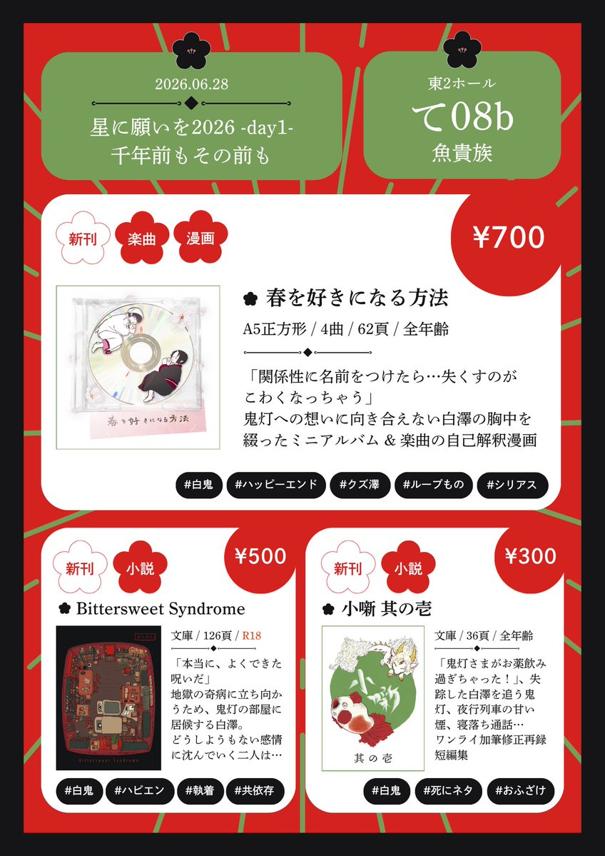 matsuri_13689's tweet photo. 📌6/28 星に願いを2026 -day1- #千年前もその前も
🪑東2て08b 魚貴族

📕おしながき
🆕楽曲・漫画「春を好きになる方法」全年齢4曲62p ¥700
🆕小説「Bittersweet Syndrome」R18長編126p ¥500
🆕小説「小噺 其の壱」全年齢短編集36p ¥300
全て新刊、全て白鬼です❤️‍🔥

🔽サンプルはリプ欄へ https://t.co/rme45xvEX8