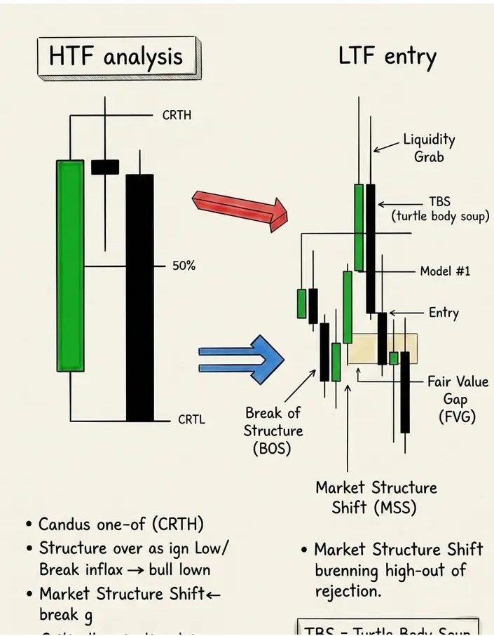 BedaKakuru48767's tweet photo. HTF Analysis – High Time Frame Context

 Primary bias is determined on higher time frames (4H+) before drilling down to lower time frames for execution.

 Key levels: CRTH (Cycle Relative Take High) and CRTL (Cycle Relative Take Low) act as major structural magnets.

 Break of Structure (BOS) confirms trend continuation; a break of prior swing high/low validates directional bias.

Market Structure Shift (MSS) signals a potential reversal – occurs when price breaks a previous pivot high/low with strong momentum.

 Liquidity Grab happens when price sweeps obvious stops above/below key levels, often trapping retail traders before reversing.

TBS (Turtle Body Soup) – a pattern where price engulfs the body of a prior large candle, indicating exhaustion and potential reversal.

 LTF Entry – Low Time Frame Execution

Entry model #1 focuses on pullbacks into Fair Value Gaps (FVG) after a confirmed MSS on LTF.

Candus one-of (CRTH) – price reacting off CRTH with rejection candles (pin bars, engulfing) signals short entries.

Structure override: If price breaks a swing low and accelerates with high volume, treat as bullish breakout, not a fakeout.

 MSS break high-out of rejection – when price breaks a recent high but immediately rejects, look for short entries with tight stops.

TRC (Turtle Body Scan) – scans for candles with unusually large real bodies relative to recent range, indicating strong imbalance and potential continuation.

Final confirmation: Wait for LTF BOS + FVG fill + liquidity sweep of recent swing point before pulling the trigger.