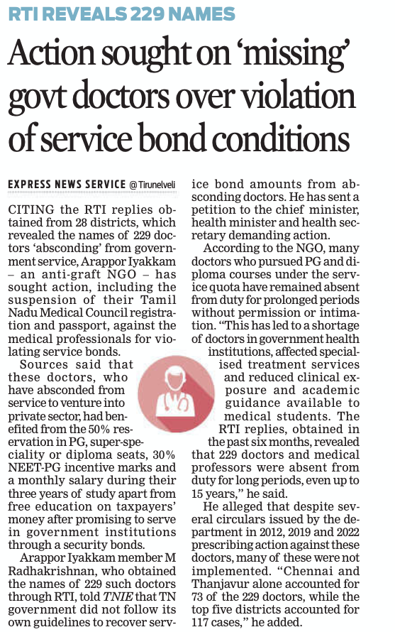 thinak_'s tweet photo. Arappor Iyakkam demands action against absconding doctors who misused 50 % reservation, NEET-PG incentive marks and various other monitary benefits on taxpayers' money. 
@comrade_rk @arunraajkg 

https://t.co/TaeK4ijsbk https://t.co/0Yqps8awd5