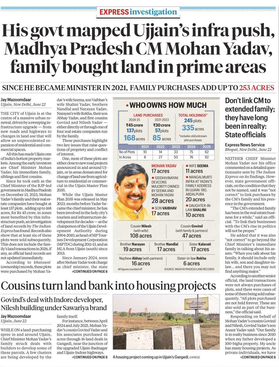 Saurabh_MLAgk's tweet photo. After loot of Ram’s Ayodhya, here comes loot of Mahakaal’s Ujjain.

Madhya Pradesh CM Mohan Yadav & his family members have been on buying huge land parcels in & around Ujjain. They obviously have prior insider information about the advantage this land will get on the basis of Govt decisions. 

So thousands of crores will be made by this family and will legitimised as  being earned out of real estate business. 

SHAME is a small word for BJP !!