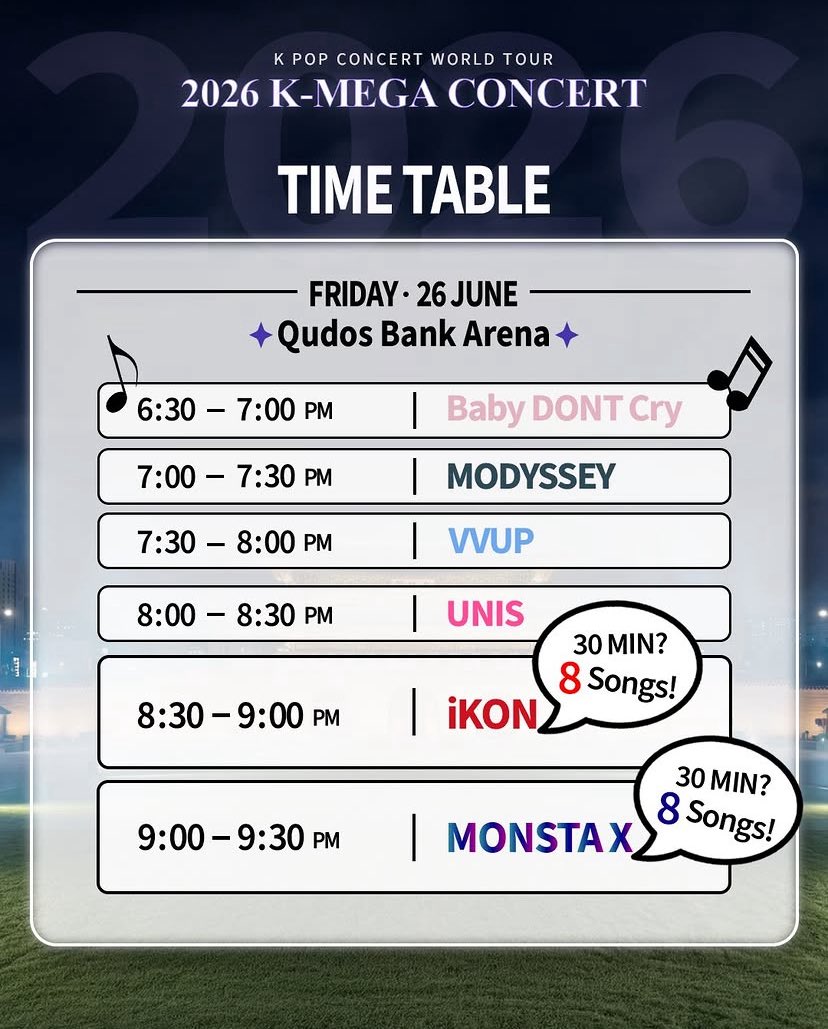 jzzzindaeyo's tweet photo. Time table K-Mega concert in Sydney on June 26!
#iKON will perform 8 songs starts from 8:30 PM

#BOBBY #바비 @bobbyranika https://t.co/0XkfknmIF4