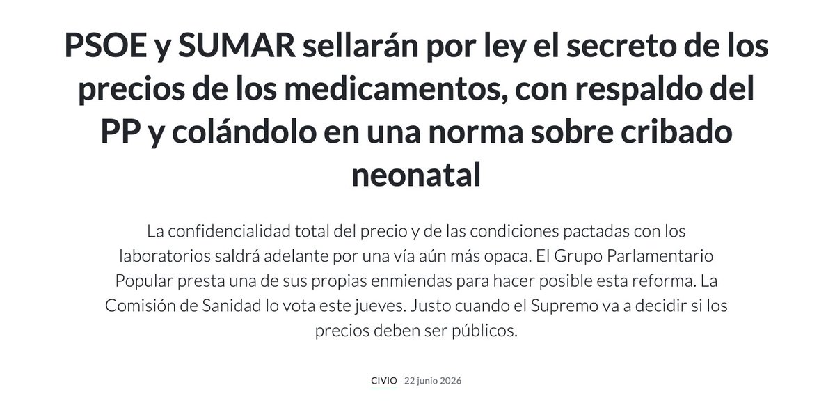 JuanLuis_JG's tweet photo. ⚠️MUY GRAVE: el Gobierno (con apoyo de oposición) prohibirá por ley que los contribuyentes podamos conocer los precios de los medicamentos pagados con dinero público, favoreciendo a farmacéuticas.

Algo peor: lo aprobarán de la manera más opaca que existe.

Esto es CORRUPCIÓN. https://t.co/1smqmxGC6j