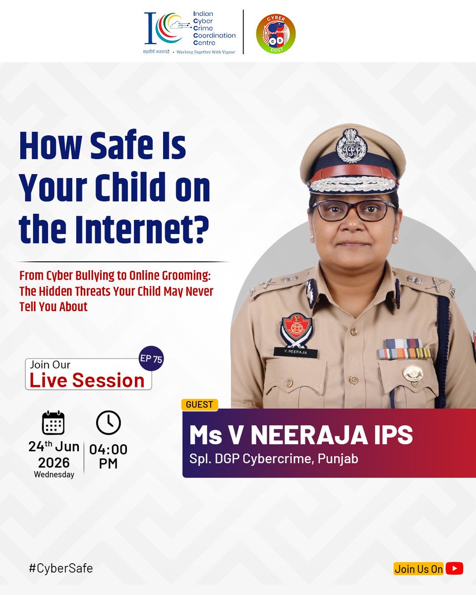 Cyberdost's tweet photo. इस हफ्ते Cyber Safe Live में जुड़िए Ms V Neeraja IPS, Spl. DGP Cybercrime, Punjab के साथ और जानिए बच्चों और किशोरों को निशाना बनाने वाले छिपे हुए cyber threats का सच https://t.co/T6auDSnnTz