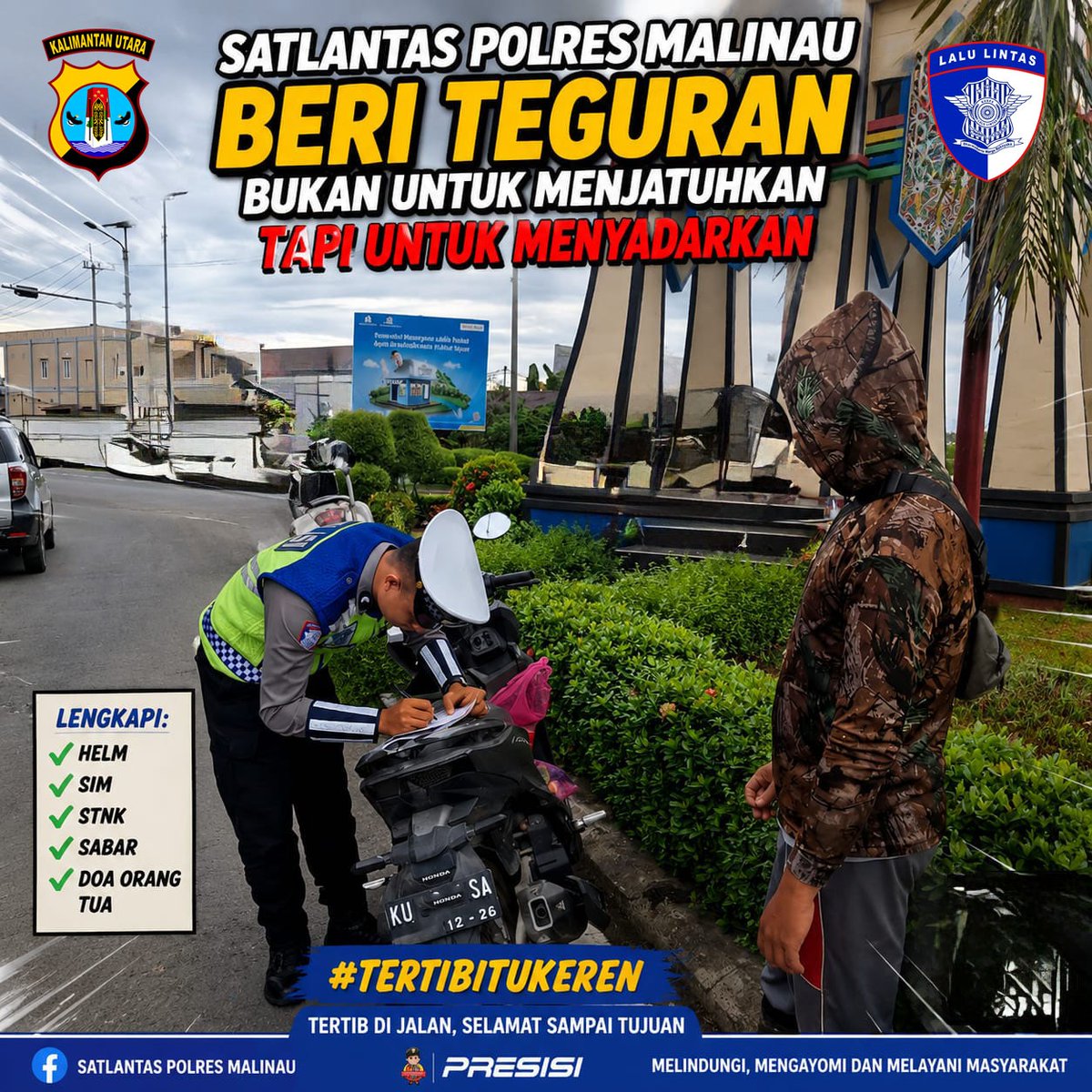 MalinauSat's tweet photo. Satlantas Polres Malinau memberikan teguran kepada pengendara melalui surat teguran sebagai bentuk edukasi dan pembinaan agar lebih tertib dalam berlalu lintas. Kegiatan ini dilakukan secara humanis dengan mengedepankan keselamatan pengguna jalan. https://t.co/usXFqohNgU