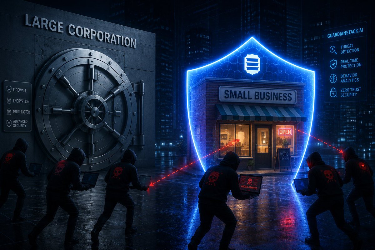 guardian_stack's tweet photo. A lot of businesses think cybercriminals only target large enterprises but the truth is that attackers think differently.

Small & medium businesses are often viewed as easier targets because they typically have fewer security resources, smaller teams, & less visibility across their environments.

Cybercriminals don't care how many employees you have, they care how easy you are to compromise.
Every business deserves enterprise-grade visibility & protection, regardless of size & that's one of the reasons GuardianStack exists.