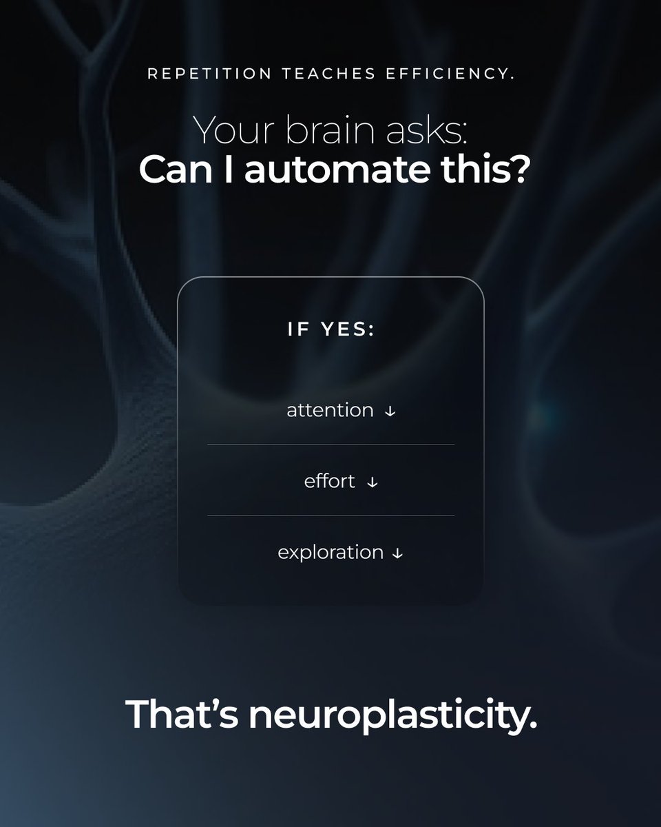 myeverme's tweet photo. Your brain isn't being lazy when it defaults to the familiar. It's being efficient.

Every repeated behaviour, every known outcome, every show you've already seen, your brain has learned to run on less energy. That's neuroplasticity working exactly as designed.

The question is whether you're letting it work for you or just keeping it comfortable.

Explore Neuroplasticity on EverMe.