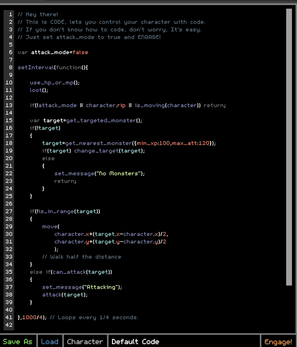 playventrus's tweet photo. Not just any MMO. Presenting a built-in code editor for your own characters!

Control your character with code, with support for agents to get in on some of the fun! https://t.co/3uHO1NtZdT