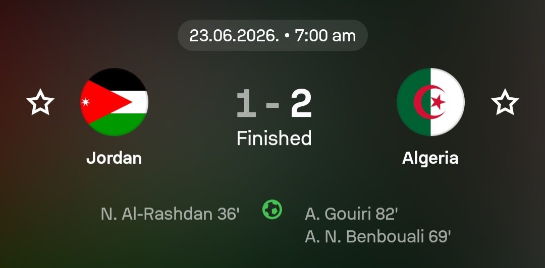 XGoalOracle's tweet photo. prediction level👑☠️

Jordan 1 – 2 Algeria (Total Goals: 3)
Over 2.5 ✅ | BTTS Yes ✅ | Algeria Win ✅

#FIFAWorldCup

https://t.co/Z78Uoc1dxG https://t.co/bWfJKtdmRO