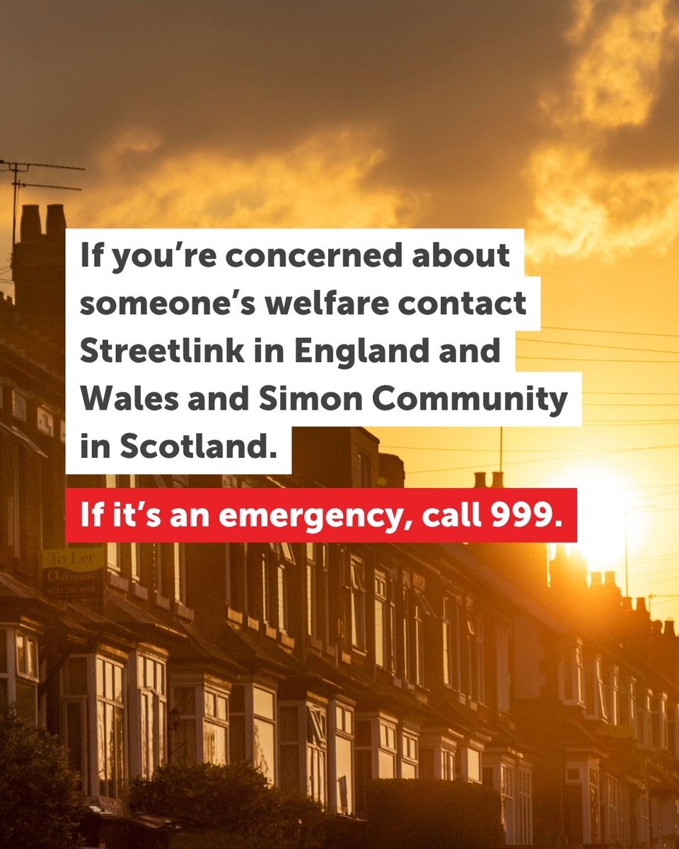crisis_uk's tweet photo. Temperatures will hit record highs this week. We’re urging local authorities to activate severe weather plans and protect people from extreme heat.

Look out for one another. Report concerns via Streetlink (England &amp; Wales) or Simon Community (Scotland). Call 999 in an emergency. https://t.co/mvNh4Jc6yp